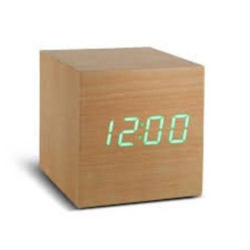 Relógio Despertador Digital Quadrado Cubo Madeira Led Mesa Bege