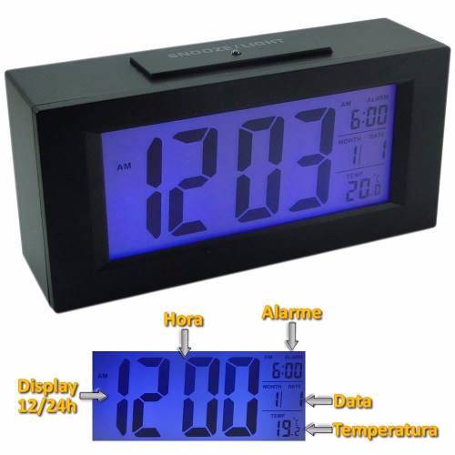 Relógio Digital Preto Grande Alarme Luz Hora Temperatura