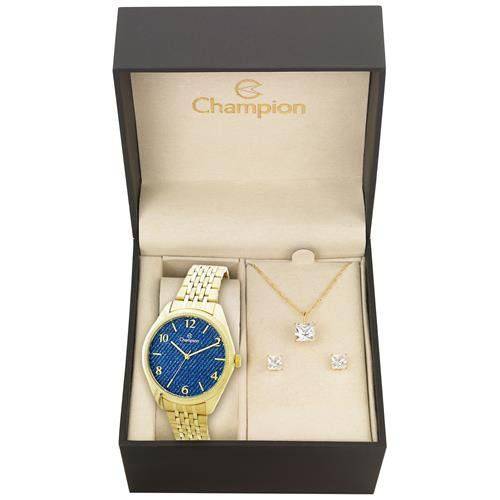 Relógio Feminino Champion com Kit de Joias CN25172K Analógico Pulseira de Aço Dourado