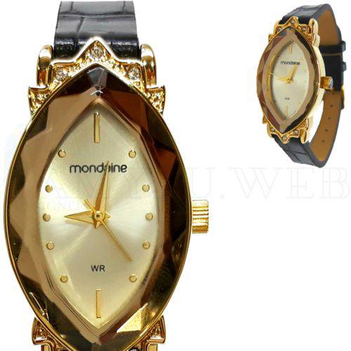 Relógio Mondaine Feminino Vintage Dourado Couro Preto