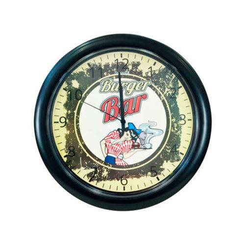 Relógio Parede Analogico Redondo Plástico Burguer Bar 29,5cm