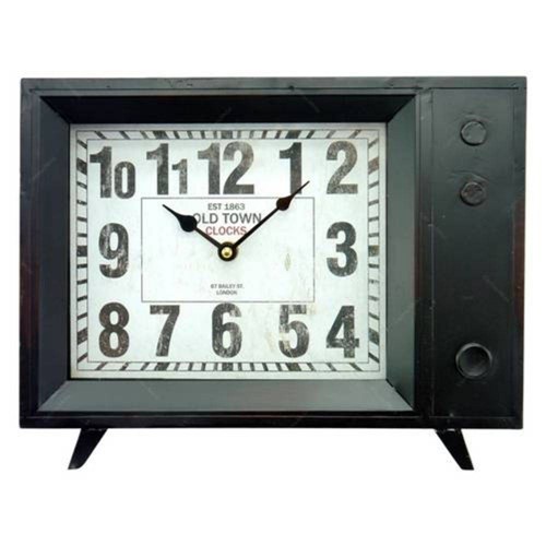 Relógio Quadrado de Mesa Tv Antiga em Metal - 33x25 Cm