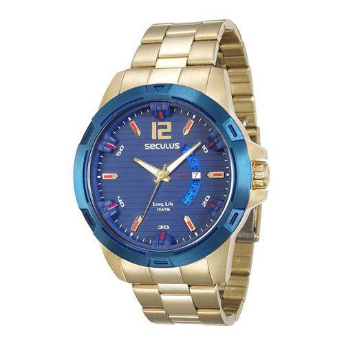 Relógio Seculus Masculino Dourado Fundo Azul 28741gpsvla1