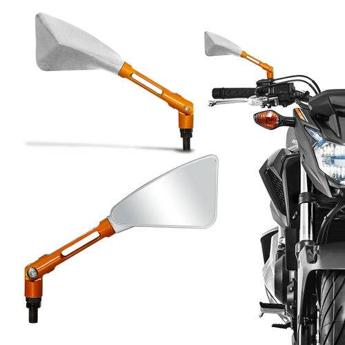 Retrovisor Esportivo Triangular Similar Rizoma Tomok Moto Honda Prata Haste em Alumínio Laranja