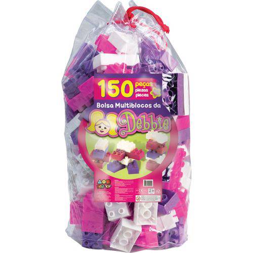 Sacola de Blocos de Montar Bell Toy Multiblocos para Montar da Debbie - 150 Blocos - Rosa/lilás