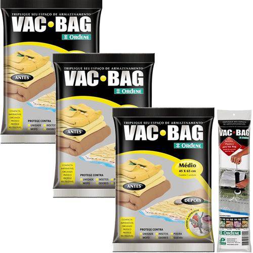 3 Sacos à Vácuo Vac Bag Ordene Médio 45x65 + Bomba Manual