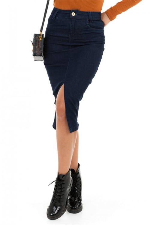 Saia Jeans Midi com Fenda Frontal CL0595 - Kam Bess
