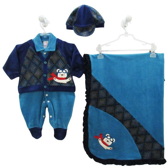 Saída de Maternidade Masculina Plush com Boné Azul Turquesa e Azul Marinho -P