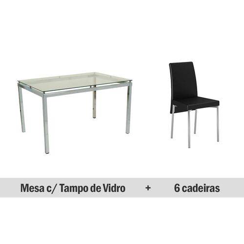 Sala de Jantar Carraro - Base Cromada 346 Vidro 131cm+6 Cadeiras 306 Cromada/Preto