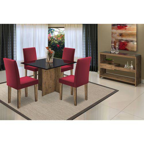 Sala de Jantar com Mesa 4 Cadeiras 1 Aparador New Ceval Móveis Álamo/Preto/Vermelho