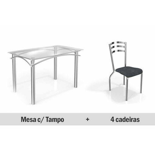 Sala de Jantar Kappesberg - Base Cromada Elba Vidro 140cm+4 Cadeiras Portugal-Preto Linho Cinza