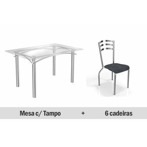 Sala de Jantar Kappesberg - Base Cromada Elba Vidro 150cm+6 Cadeiras Portugal-Preto Linho Cinza 17