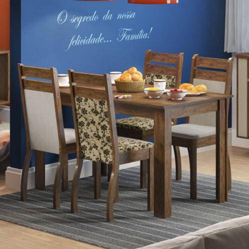 Sala de Jantar Leila + 4 Cadeiras Rústico/Suéde Pérola/Tecido Floral - Madesa