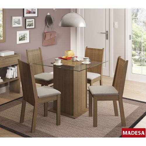 Sala de Jantar Madesa Lucy Base de Madeira com Tampo de Vidro e 4 Cadeiras - Rustic/ Pérola