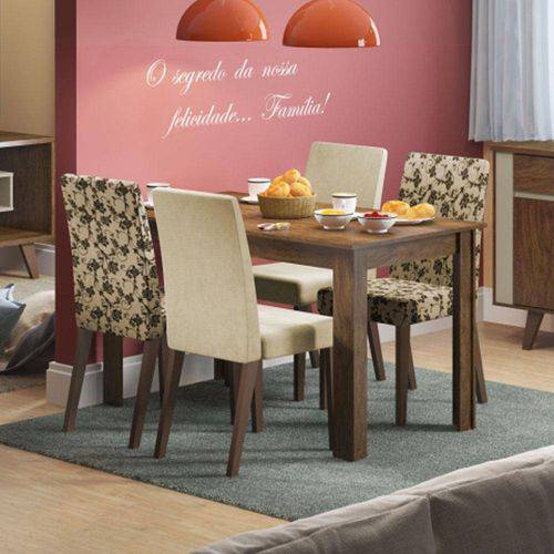 Sala de Jantar Melina + 4 Cadeiras Rústico/Tecido Saara/Tecido Floral - Madesa