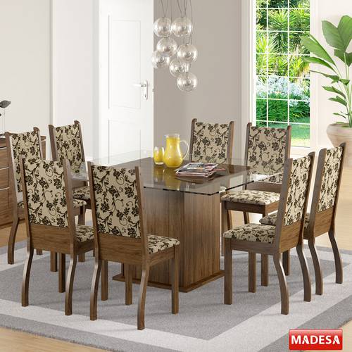 Sala de Jantar Mesa e 8 Cadeiras Madesa Vívian Rustic/Tecido Floral