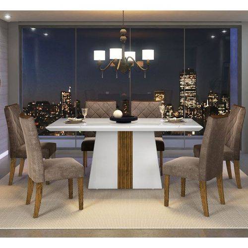 Sala de Jantar Mesa Itália 170cm e 6 Cadeiras Golden Branco/demolição/marrom - Dj Móveis