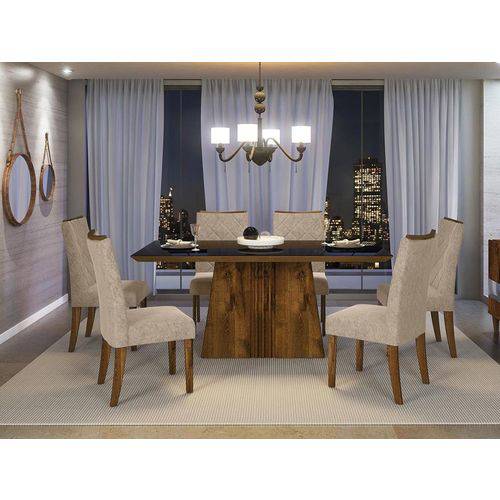 Sala de Jantar Mesa Itália com Tampo de Madeira Chanfrado com Vidro + 6 Cadeiras Golden - Dj Móveis