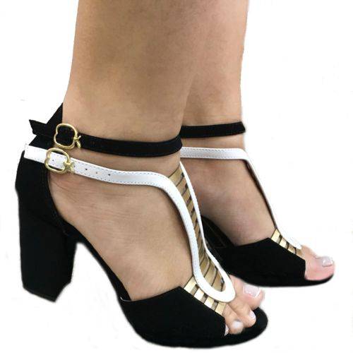 Sandalia Feminina Preta e Branca Salto Medio Bloco Salto Grosso Alto Sapatos Femininos