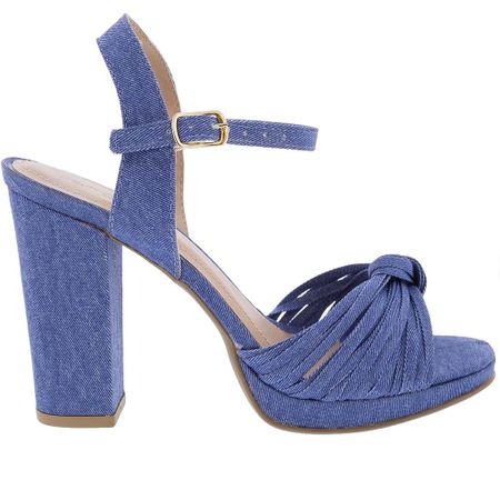 Sandália Salto Grosso Meia Pata Detalhe Nó Cabedal Jeans Azul
