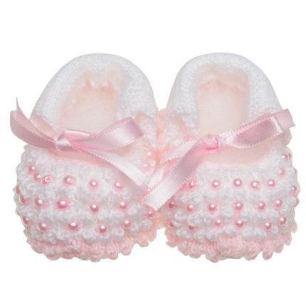Sapatinho para Bebe em Tricot Mini Pérolas Rosa/Branca - Roana