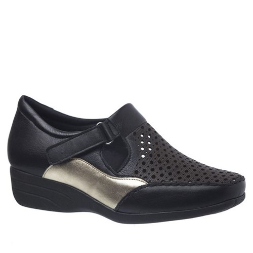 Sapato Feminino Anabela 3142 em Couro Soft Preto/Metalizado Glacê Doctor Shoes