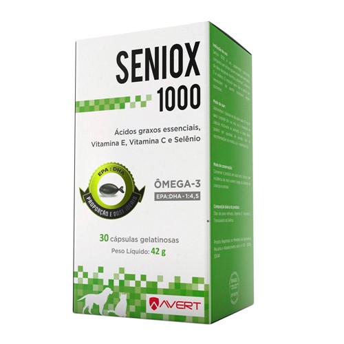 Seniox 1000 Ômega 3 para Cães e Gatos Uso Veterinário com 30 Cápsulas