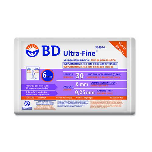 Seringa de Insulina Bd Ultra-Fine 6mm Capacidade de 30 Unidades de Insulina Pacote com 10 Seringas