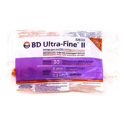 Seringa de Insulina Bd Ultra-Fine 8mm Capacidade de 30 Unidades de Insulina Pacote com 10 Seringas