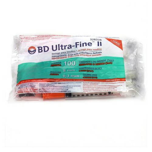Seringa de Insulina Bd Ultra-Fine 8mm Capacidade de 100 Unidades de Insulina Pacote com 10 Seringas