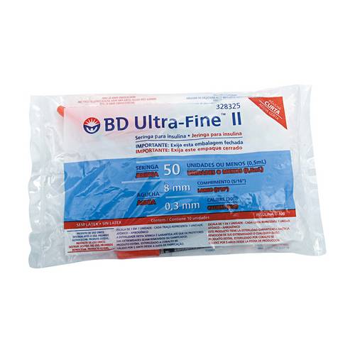 Seringa de Insulina Bd Ultra-Fine 8mm Capacidade de 50 Unidades de Insulina Pacote com 10 Seringas