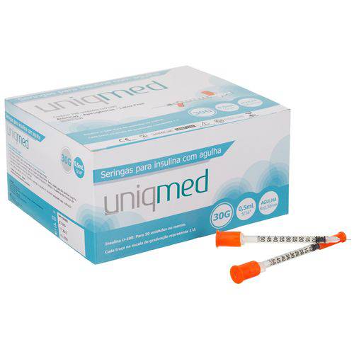 Seringa de Insulina Uniqmed 0,5ml Agulha Curta 8mm 30g Caixa com 100un