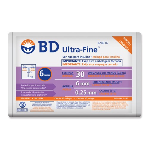 Seringa Insulina BD Ultra-Fine 30UI Agulha 6mm 10 Unidades