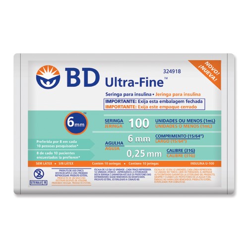 Seringa Insulina BD Ultra-Fine 100UI Agulha 6mm 10 Unidades