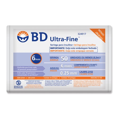 Seringa Insulina BD Ultra-Fine 50UI Agulha 6mm 10 Unidades