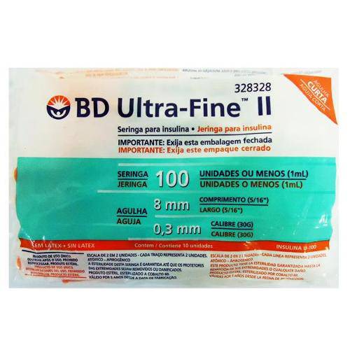 Seringa para Insulina Bd Ultra Fine Ii Agulha Curta (Seringa de 1 Ml C/ Agulha de 8mm X 0,3mm)