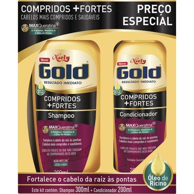 Shampoo + Condicionador Compridos + Fortes Niely Gold 300+200ml Cx. C/ 12 Un.