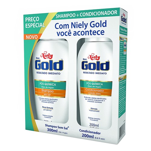 Shampoo Niely Gold Óleo de Argan Pós Química Sem Sal com 300 Ml + Condicionador Niely Gold Óleo de Argan Pós Química com 200ml Preço Especial