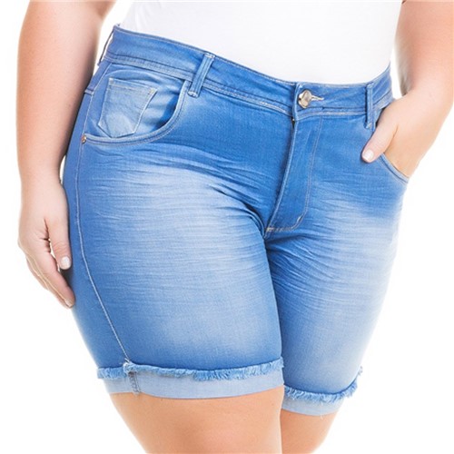 Shorts Feminino Jeans Barra Dobrada Cintura Alta Plus Size