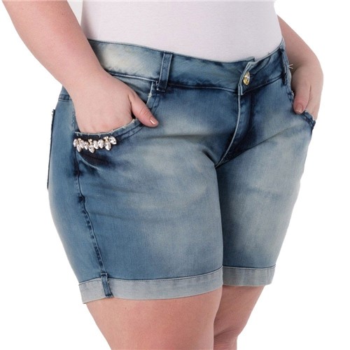Shorts Feminino Jeans com Detalhes de Pedras Plus Size