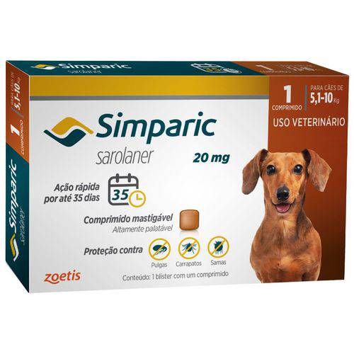 Simparic 20 Mg Antipulgas e Carrapatos para Cães 5,1 a 10 Kg ¿ 1 Compr