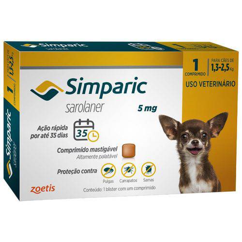 Simparic 5 Mg Antipulgas e Carrapatos para Cães 1,3 a 2,5 Kg - 1 Compr