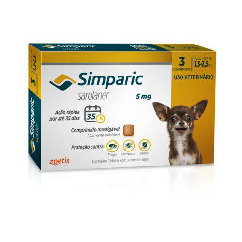 Simparic Medicamento Antipulgas 1,3 a 2,5kg C/3 Comprimidos