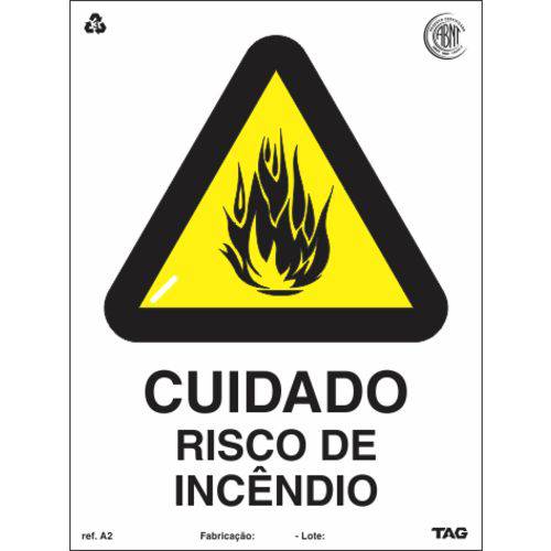 Sinalização Certificada de Alerta de Risco de Incêndio A2 15x20cm - PVC 2mm