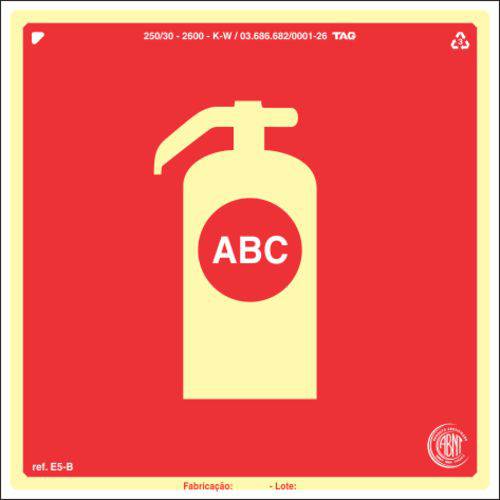 Sinalização Certificada para Extintor de Incêndio ABC E5b 15x15cm - PVC 2mm