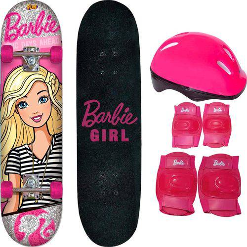 Skate Infantil Fun com Acessórios de Segurança - Barbie Rosa