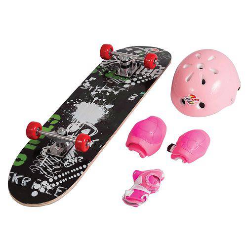 Skate Infantil + Kit Segurança Azul Rosa Vermelho Unitoys - Rosa