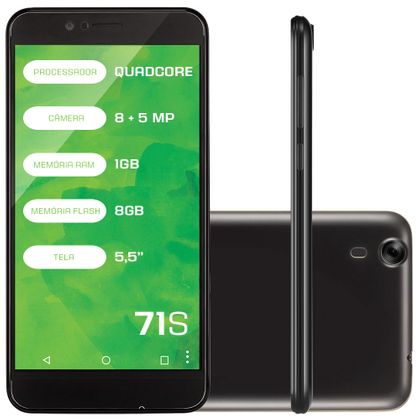 Smartphone Mirage 71S Dual Chip 3G 1GB RAM Quad Core Tela 5.5" Dual Camera 8MP+5MP Android 5.1 Preto 1001
