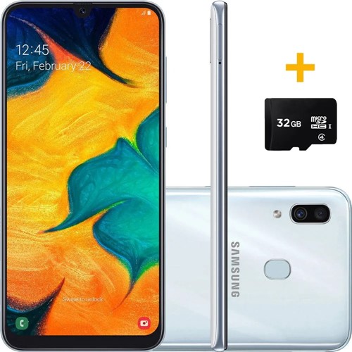 Smartphone Samsung A305 Galaxy A30 Branco 64 GB + Cartão de Memória 32GB
