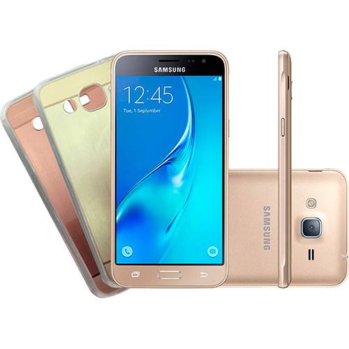 Smartphone Samsung Galaxy J3 2016 Dual Chip Desbloqueado Android Tela 5" 8GB 3G/4G/Wi-Fi Câmera 8MP + 1 Capa Dourado/ 1 Capa Rosê - Dourado